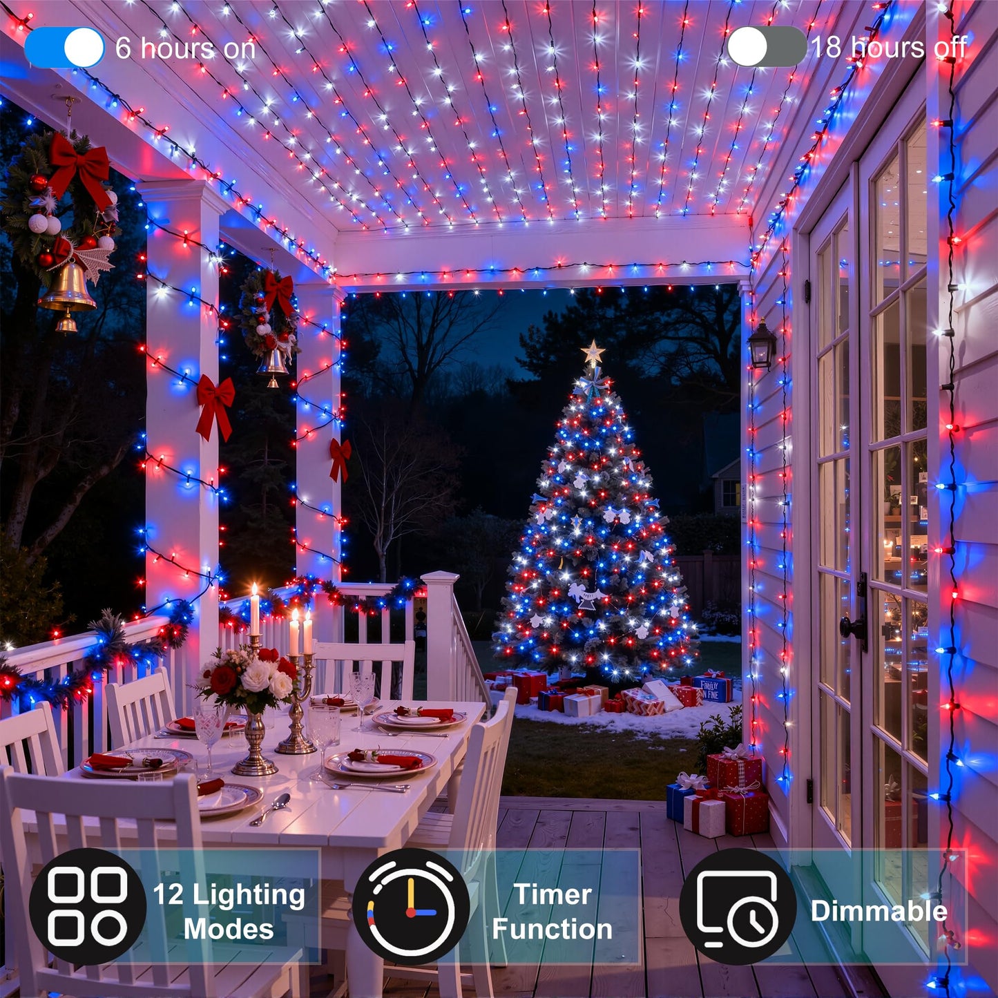 Xikengshq 350Led Christmas Lights Indoor Outdoor  90Ft 12 Modes Red Blue And White Led String Lights With Timer Dimmable  Waterproof Tree Lights For Xmas Patio Yard Fence Bedroom Wedding Garden Decor