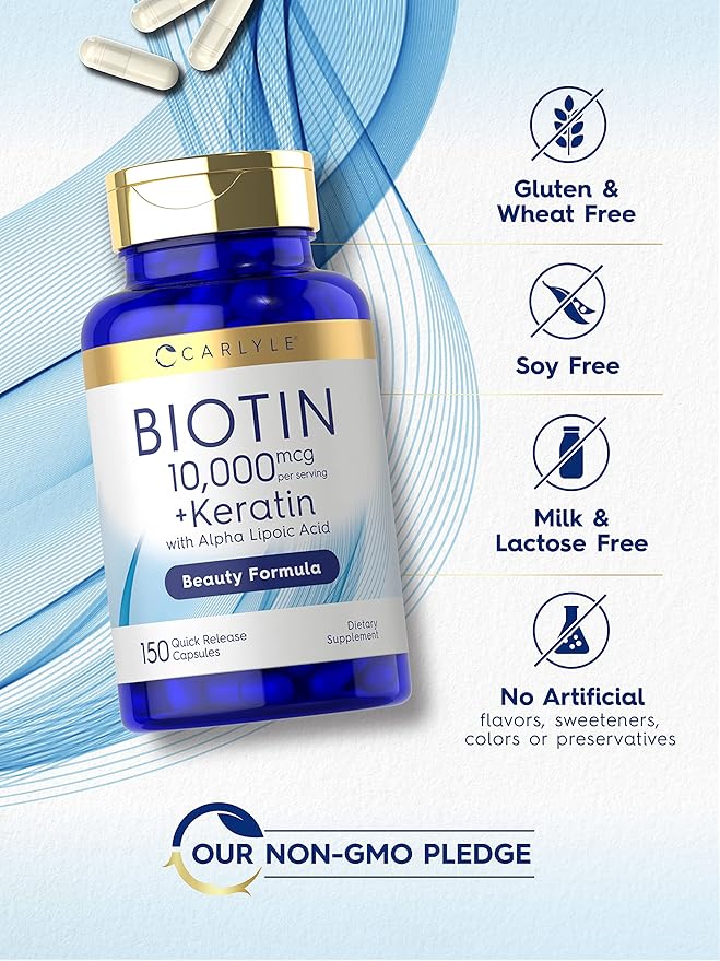 Carlyle Biotin 10000mcg | 150 Capsules | Beauty Formula with Keratin | Non-GMO, Gluten Free Supplement