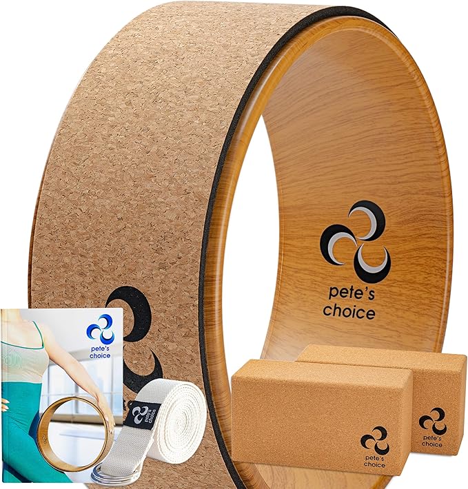 Deluxe Cork Yoga Wheel Set - Cork Wheel + 2 Blocks + Strap + Exercise Guide. Extra Firm Bricks. Better Support, Natural an...