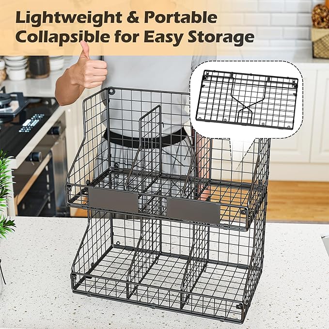 2-Tier Stackable Pantry Organizers and Storage, Can Organizer for Pantry and Soda Can Organizer, Metal Wire Rack with 4 Adjustable Dividers Holds 60+ Cans for Cabinet Countertop