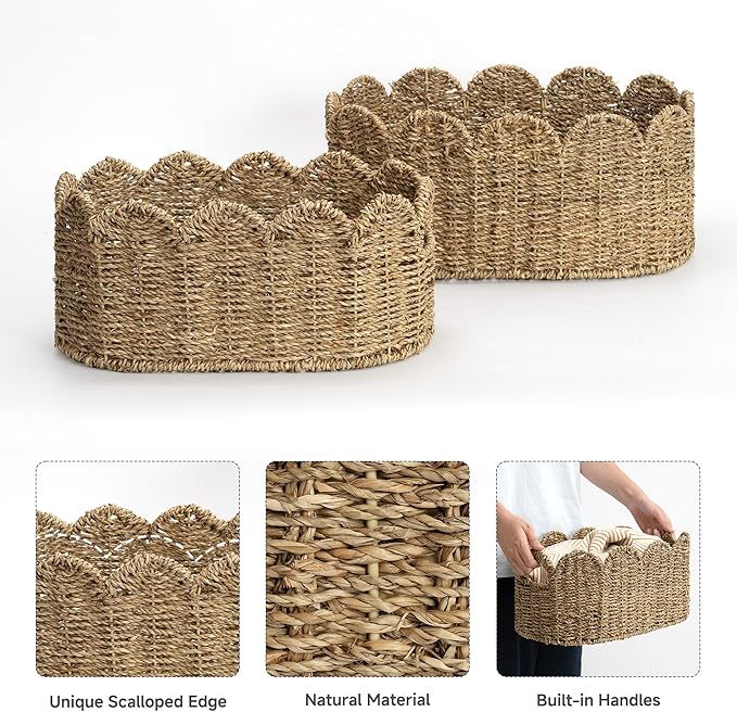 StorageWorks Scalloped Wicker Basket, Hand-woven Rattan Baskets with Built-in Handles, Cute Baby Basket for Nursery, Seagrass Baskets for Organizing and Decor, 2 Pack