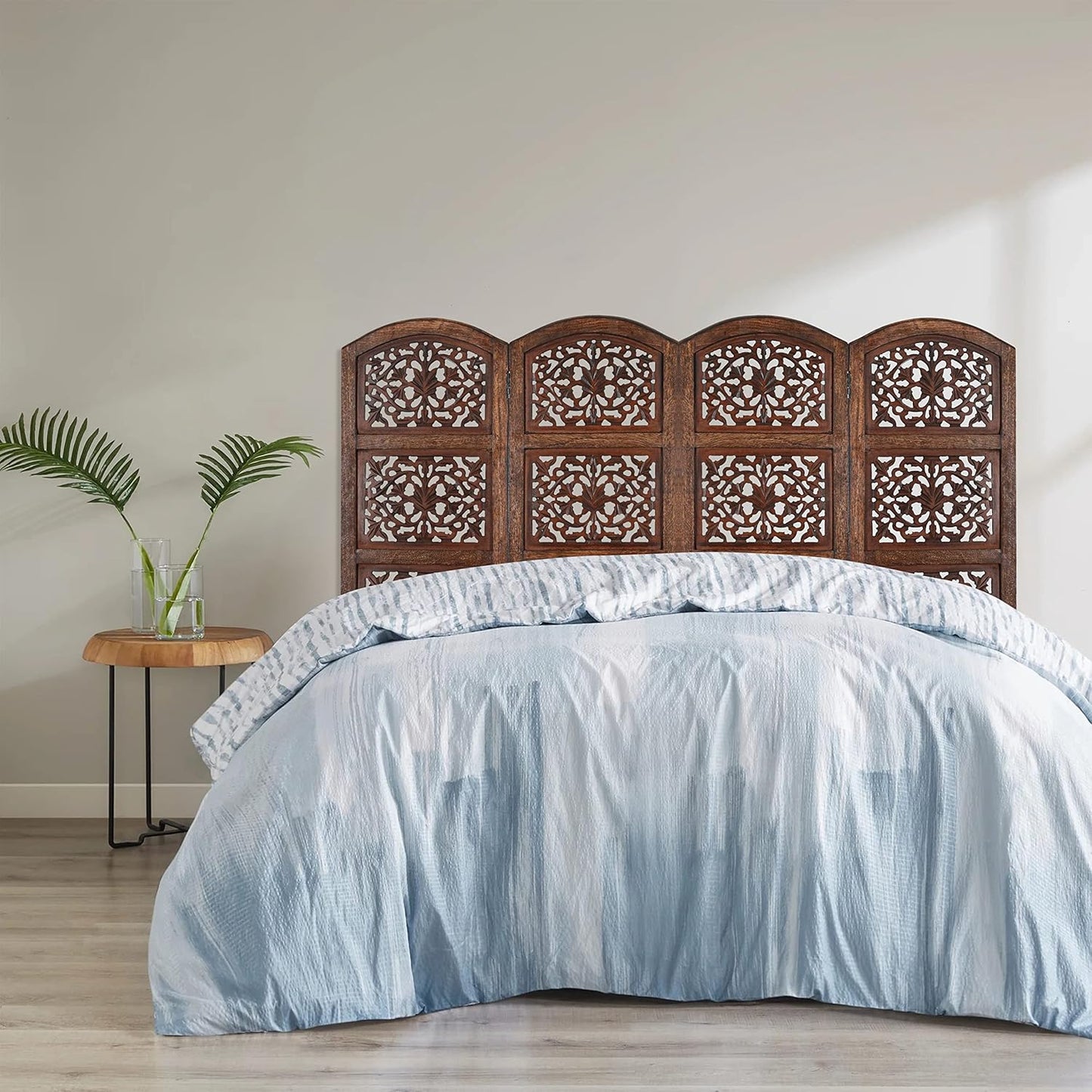 Room Divider Wood Screen Panel – Burnt Brown, 4-Panel Folding 64"x48", Hand-Carved, Reversible Privacy Partition, Decorative & Functional Portable Room Divider for Home or Office