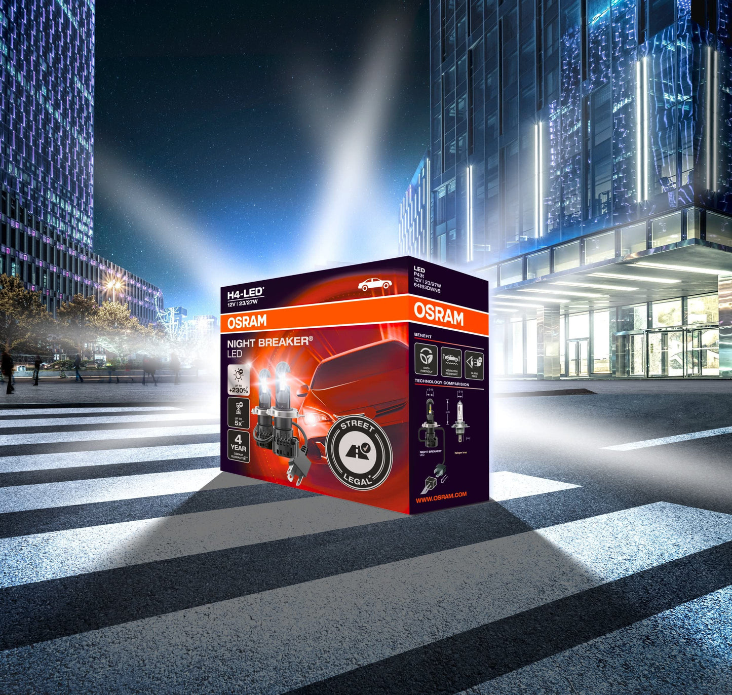 Osram Night Breaker H4 Led Bulb - 230% Brighter, Legal Low/High Beam, Black, Model 64193Dwnb