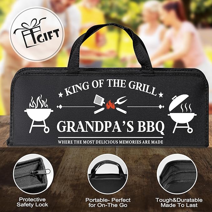 Grandpa Gifts from Grandkids, Grandpa Chritmas Grilling Accessories Gift, Heavy Duty Stainless Steel Grill Set BBQ Grill Tools for Outdoor Grill with Aluminum Case, Grill Utensils Set on Birthday(Bag)