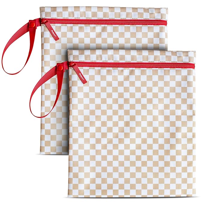 Bodysurf Wet Bags for Baby, Toddlers, Kids – 2 Pack Large Reusable Wetbag for Swimsuits, Diapers, Daycare, Gym, Laundry – Waterproof Diaper Bag Accessory & Baby Travel Essentials (Checkered, Tan)