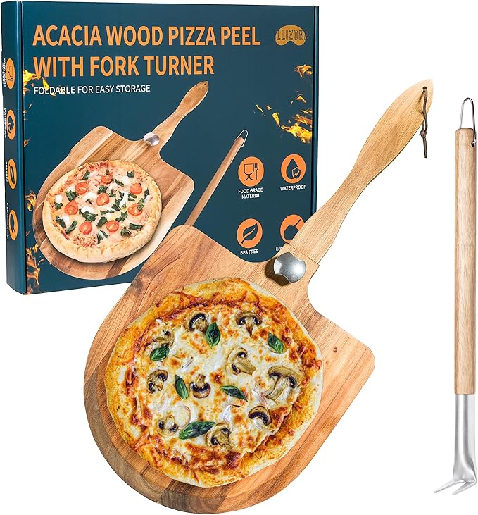 Acacia Wood Pizza Peel & Wooden Paddle Set – Folding Handle Pizza Board with 18″ Turning Fork, Pizza Oven Tools & Accessories for Homemade Pizza, Bread & Baking, Gifts for Pizza Lovers