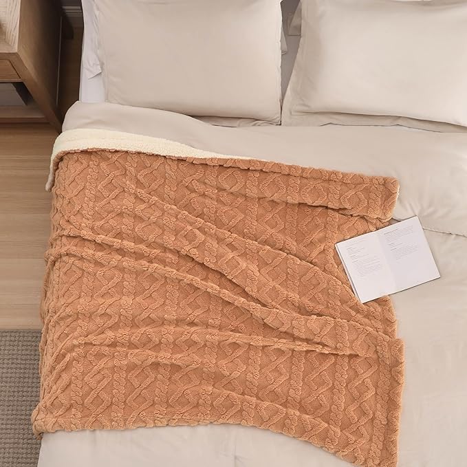 Bedsure Sherpa Fleece Throw Blanket for Couch - GentleSoft Fluffy & Cozy Cable Jacquard Tufted Throw for Women Gift, Thick and Warm Blankets for Winter, Light Brown, 50x60 Inches