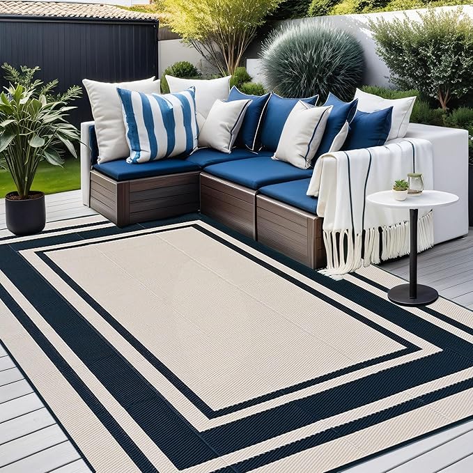 RURALITY Outdoor Rugs 6x9 Waterproof for Patios Clearance,Plastic Straw Mats for Backyard,Porch,Deck,Balcony,Reversible,Black and Beige