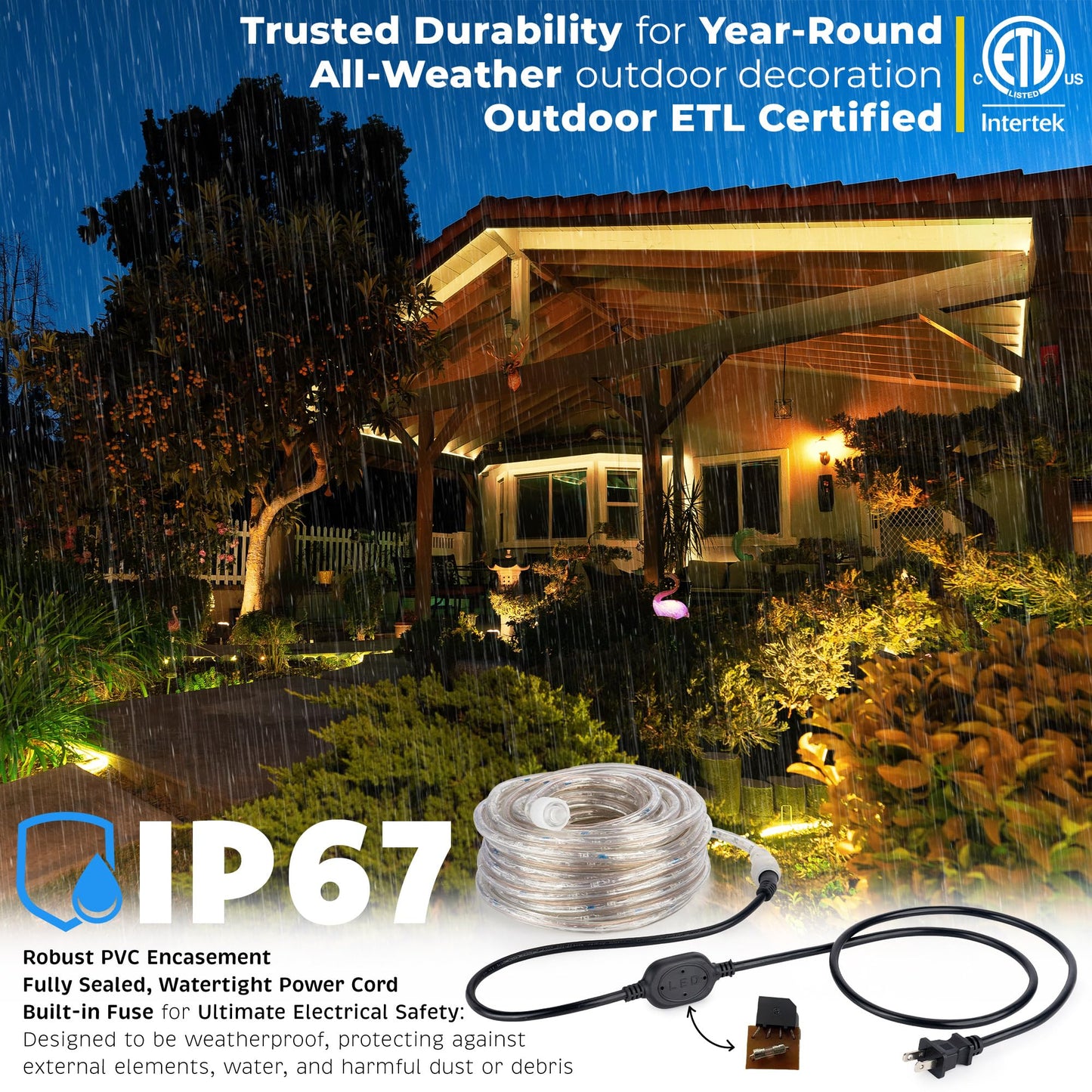 WYZworks 50ft LED Rope Lights, Waterproof Outdoor Lighting, Warm White, Flexible PVC Tube