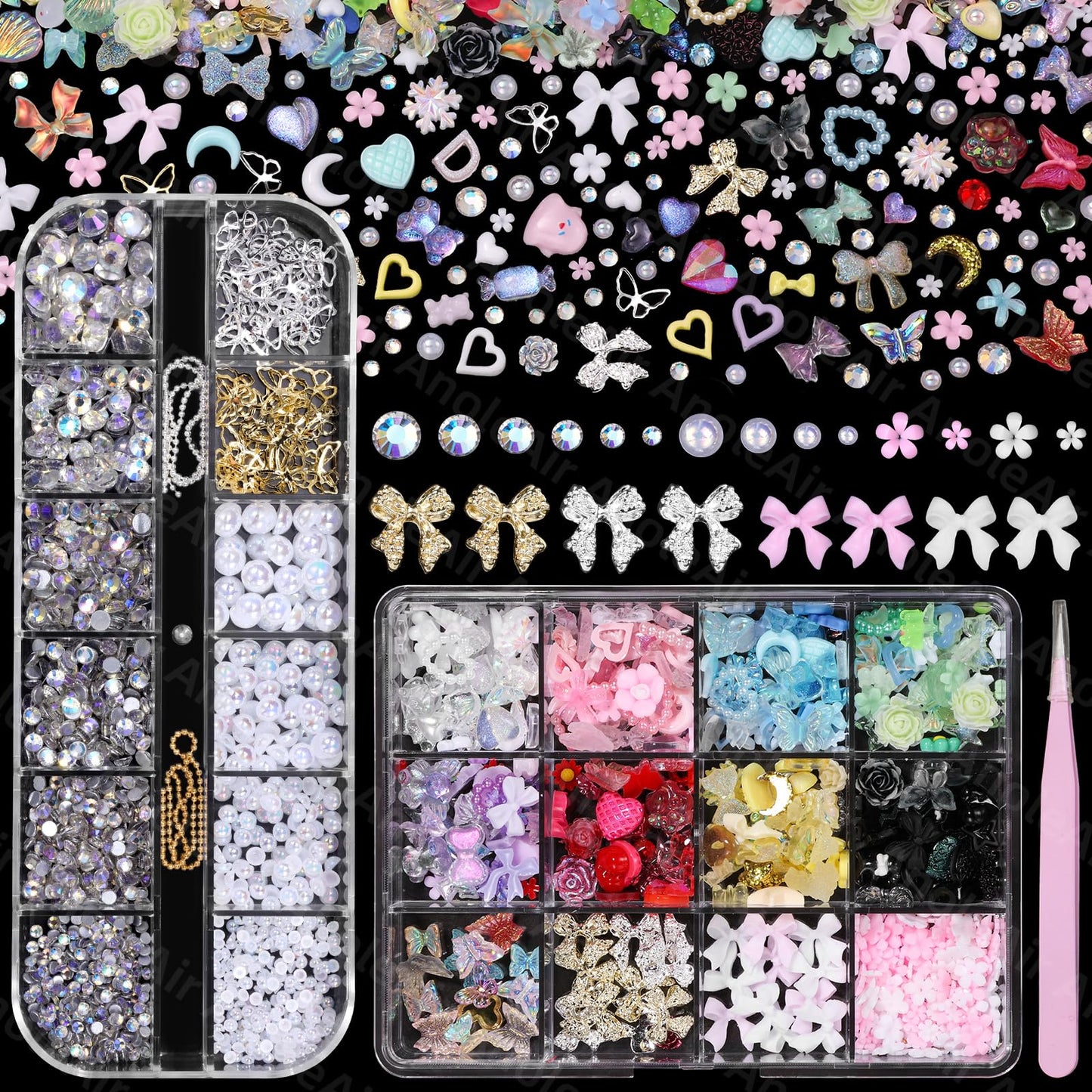 Assorted Nail Charms Kit, 3D Nail Charms and Flatback Pearls Gems Set, Gold Silver Nail Bows, Flower Butterfly Bows 3D Asssorted