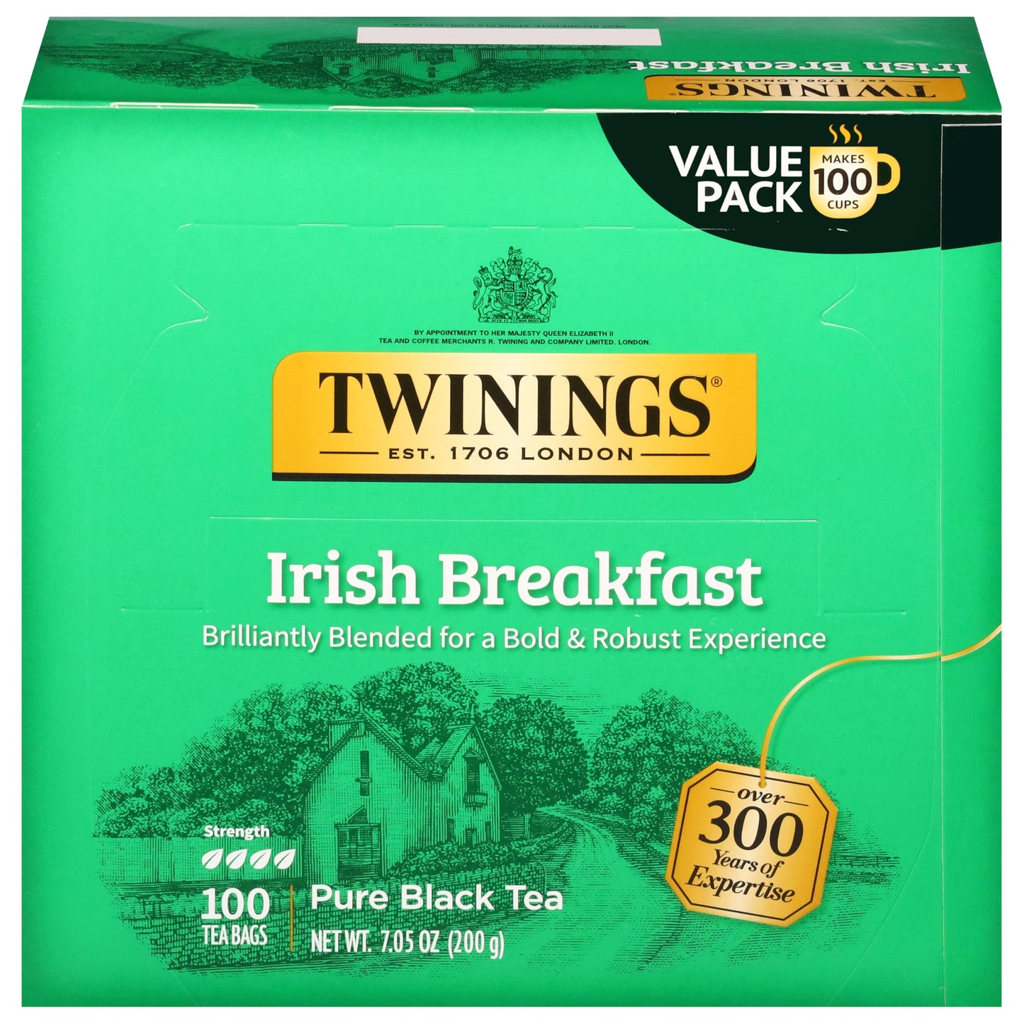 Twinings Irish Breakfast Black Tea Individually Wrapped Bags, 100 Count (Pack of 1), Flavourful, Bold, and Robust, Caffeinated,