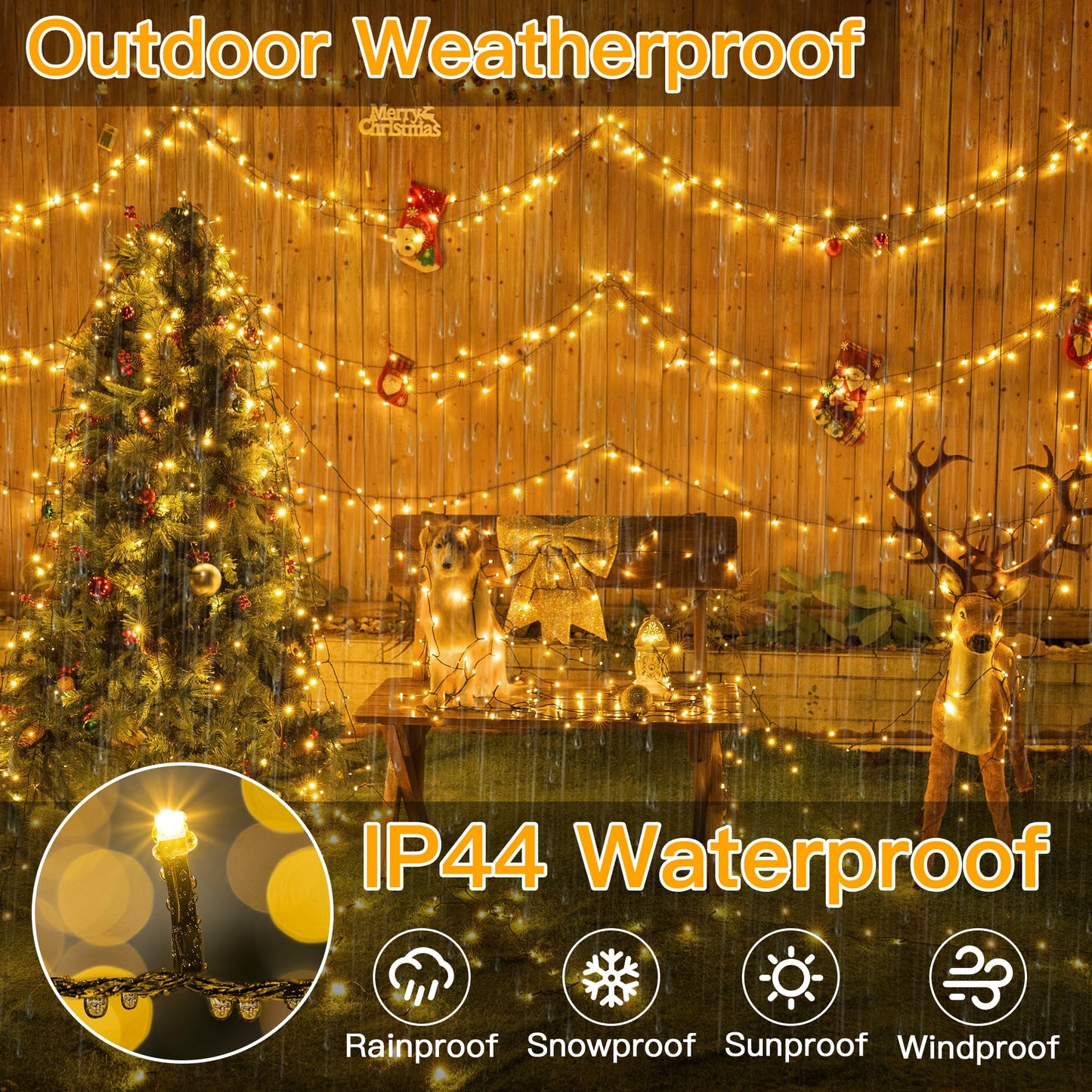 Ollny 500Led Christmas Lights, 164Ft Warm White Outdoor Tree Lights, Ip44 Waterproof, 8 Modes With Remote Timer, Model Hg-29V500C