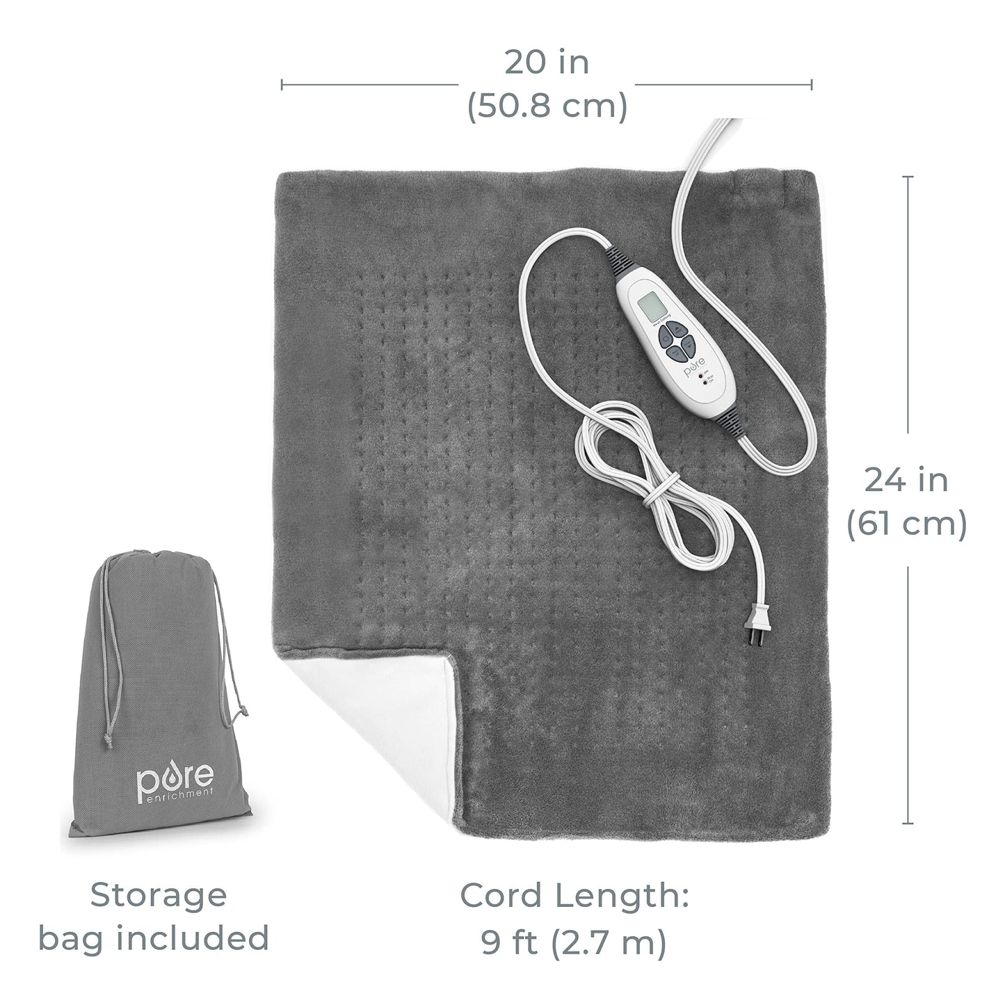 Pure Enrichment PureRelief Ultra-Wide Microplush Heating Pad - 20” x 24” XXL Size & 6 Heat Settings for Temporary Neck, Shoulder & Back Pain Relief - Moist Heat Option & Machine Washable (Gray)