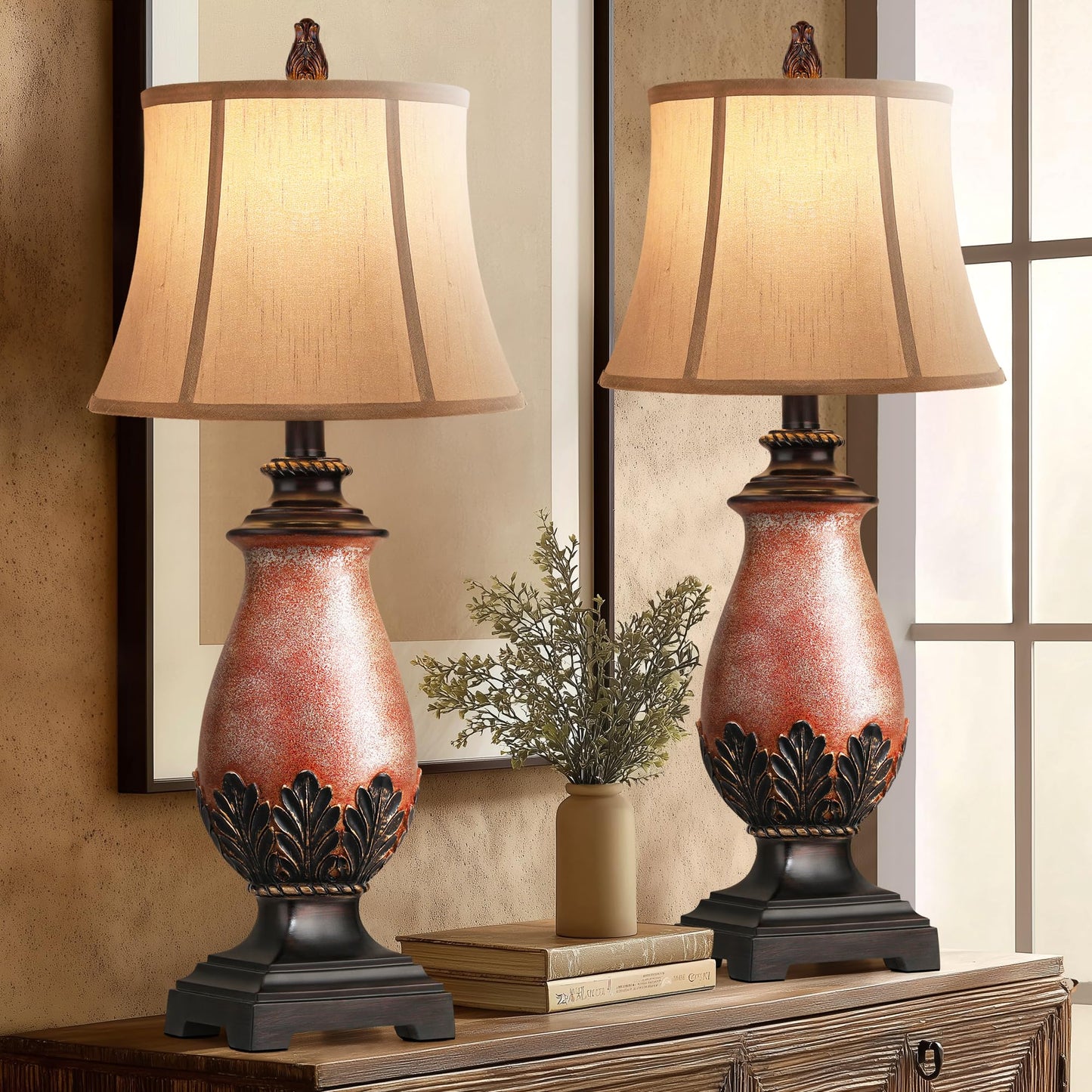 Hamucd 29in Tall Rustic Table Lamps Set of 2, Dimmable 3-Color Temperature, Light Brown, Antique Style for Living Room and Bedroom