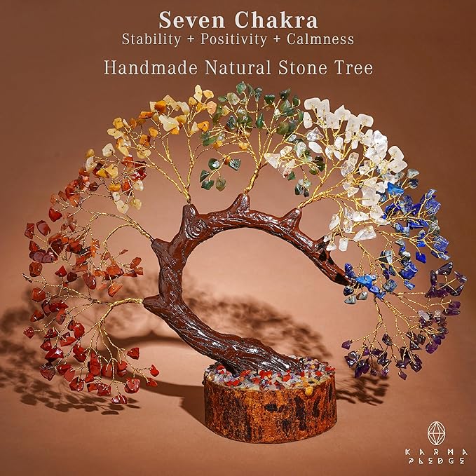 KARMAPLEDGE 7 Chakra Crystal Tree of Life for Home, Office Desk Decor, Handmade Bonsai Trees for Positive Energy, Money, Good Luck Birthday Gifts for Women, Mom