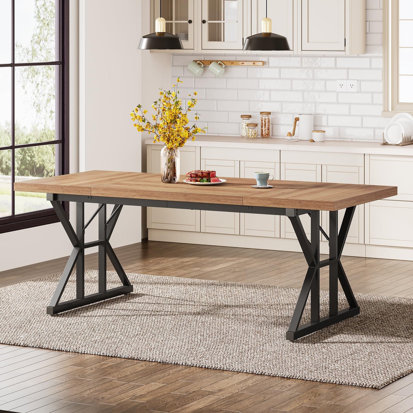 Tribesigns Farmhouse Dining Table for 6 People, 70.8-Inch Rectangular Wood Dining Table, Rustic Kitchen Table with Heavy Duty Metal Legs for Dining Room (Light Brown, 70.8 Inch)
