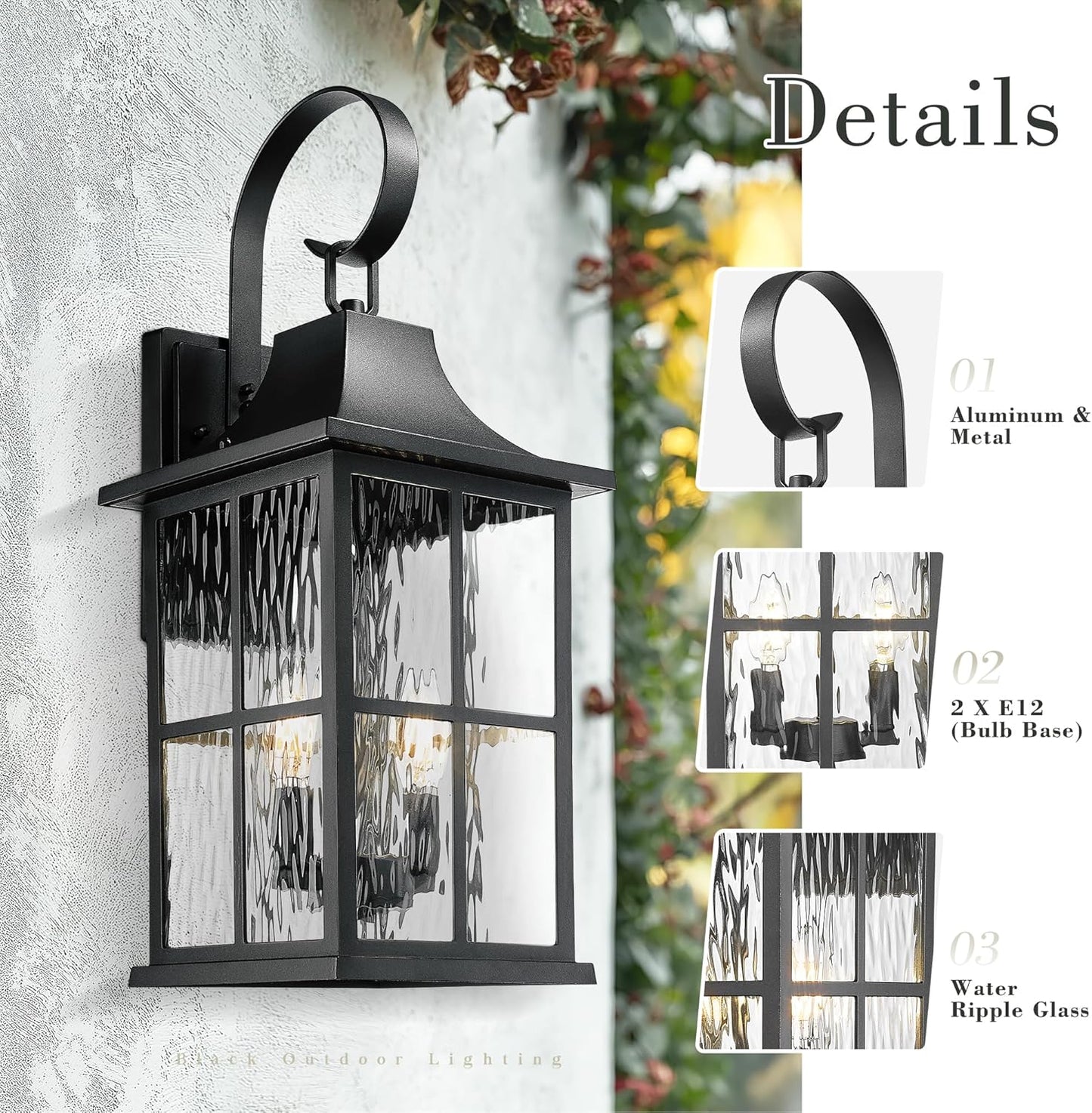 Emliviar 2-Light Large Outdoor Wall Sconce Lighting, 21.5" Outside Classic Porch Lamp in Black Finish, Wall Lantern with E12 Sockets, Water Ripple Glass, YXE306B-M BK-SW