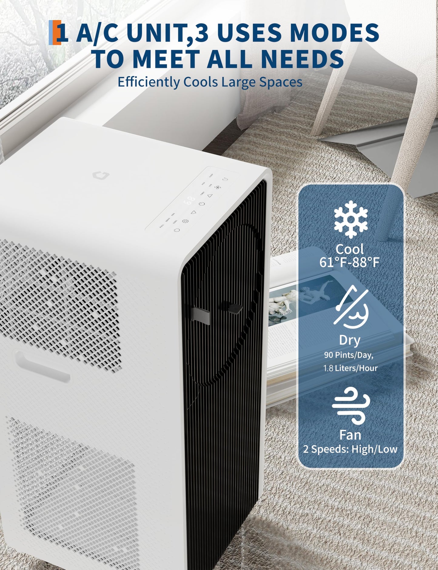 Garveetech 14,000 Btu Drainage-Free Portable Air Conditioner For Indoor Rooms, 3-In-1 Ac Unit For Bedroom 225-300 Sq.Ft, Dehumid