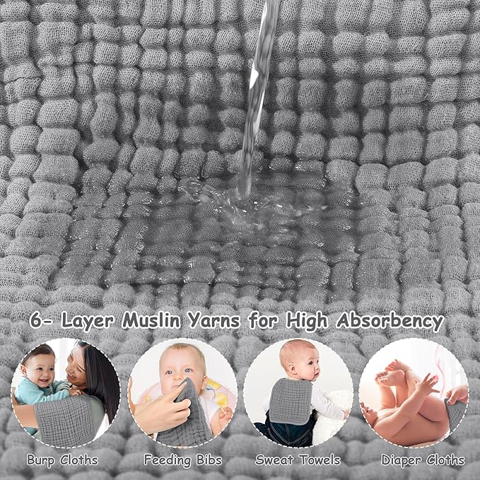 Looxii Muslin Burp Cloths 100% Cotton Muslin Cloths Large 20''x10'' Extra Soft and Absorbent 6 Pack Baby Burping Cloth for Boys and Girls (Grey)