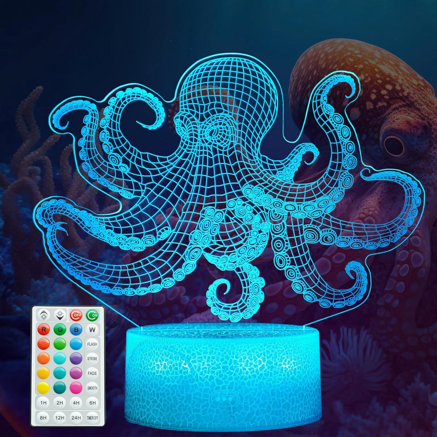 Octopus Night Light, 3D Illusion Night Light Lamp, Octopus Stuff with 16 Colors Changing, Timer, 4 Flash Modes and Dimmable, Kids Room Decoration, Xmas Gifts