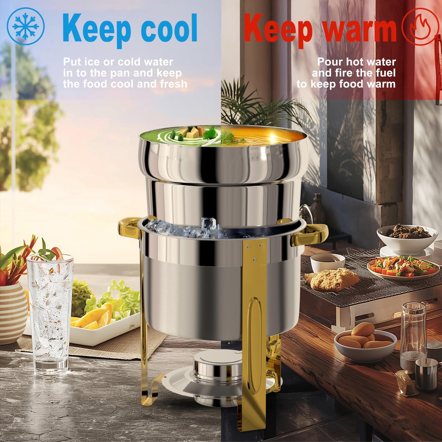 Soup Chafer for Buffet 2 Pack, 11QT Round Soup Warmers Set Stainless Steel Buffet Food Warmer Set for Catering Events Parties Dinners with Complete Set,(Gold and Silver)