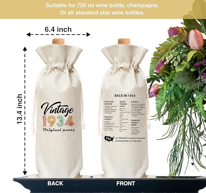 Tedea 90th Birthday Wine Gift Bag, Retro Vintage Back In 1934 Birthday Gift Wine Bag For Women Men, Best Friend, Coworker, Birthday Party Decorations, 1 Pc Wine Bag (G09)