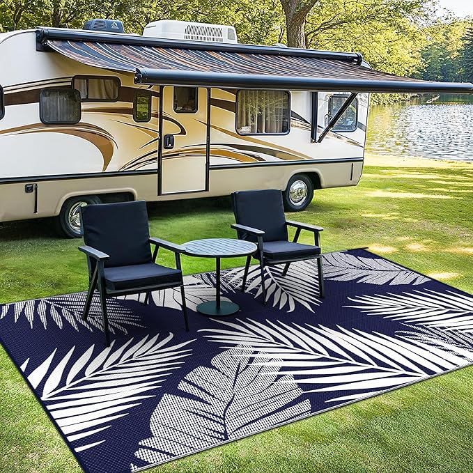 Outdoor Rug 5' x 8' for Patio Waterproof Clearance, Reversible Indoor Outdoor Plastic Straw Camping Rug Carpet, RV Mat, Large Area Rug for Deck, Backyard, Balcony, Porch, Navy Blue and White