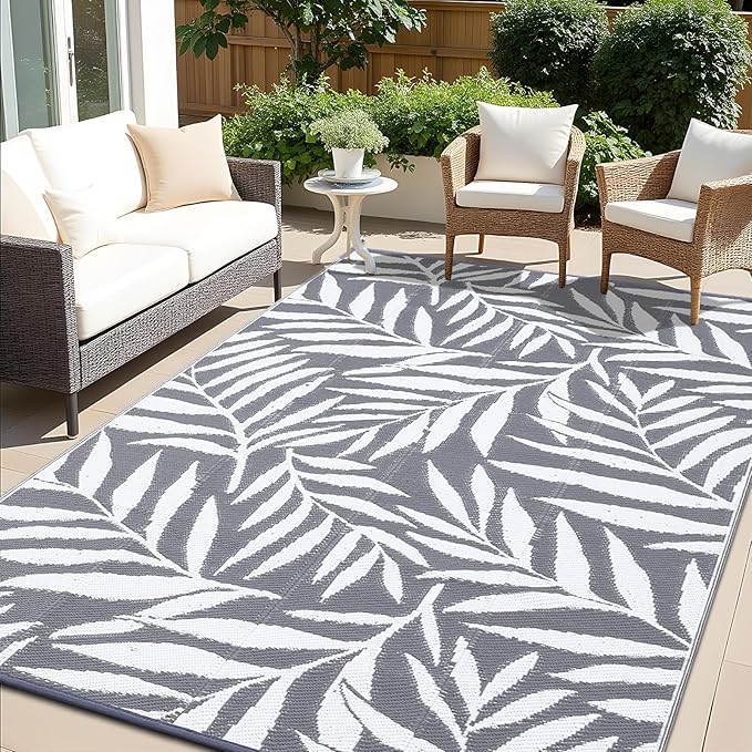 OLANLY Waterproof Outdoor Rug 9x12 ft, Reversible Outdoor Plastic Straw Rug with Leaf Pattern, RV Mat, Indoor Outdoor Carpet for Patio, Camping, Balcony, Deck, Backyard, Grey & White