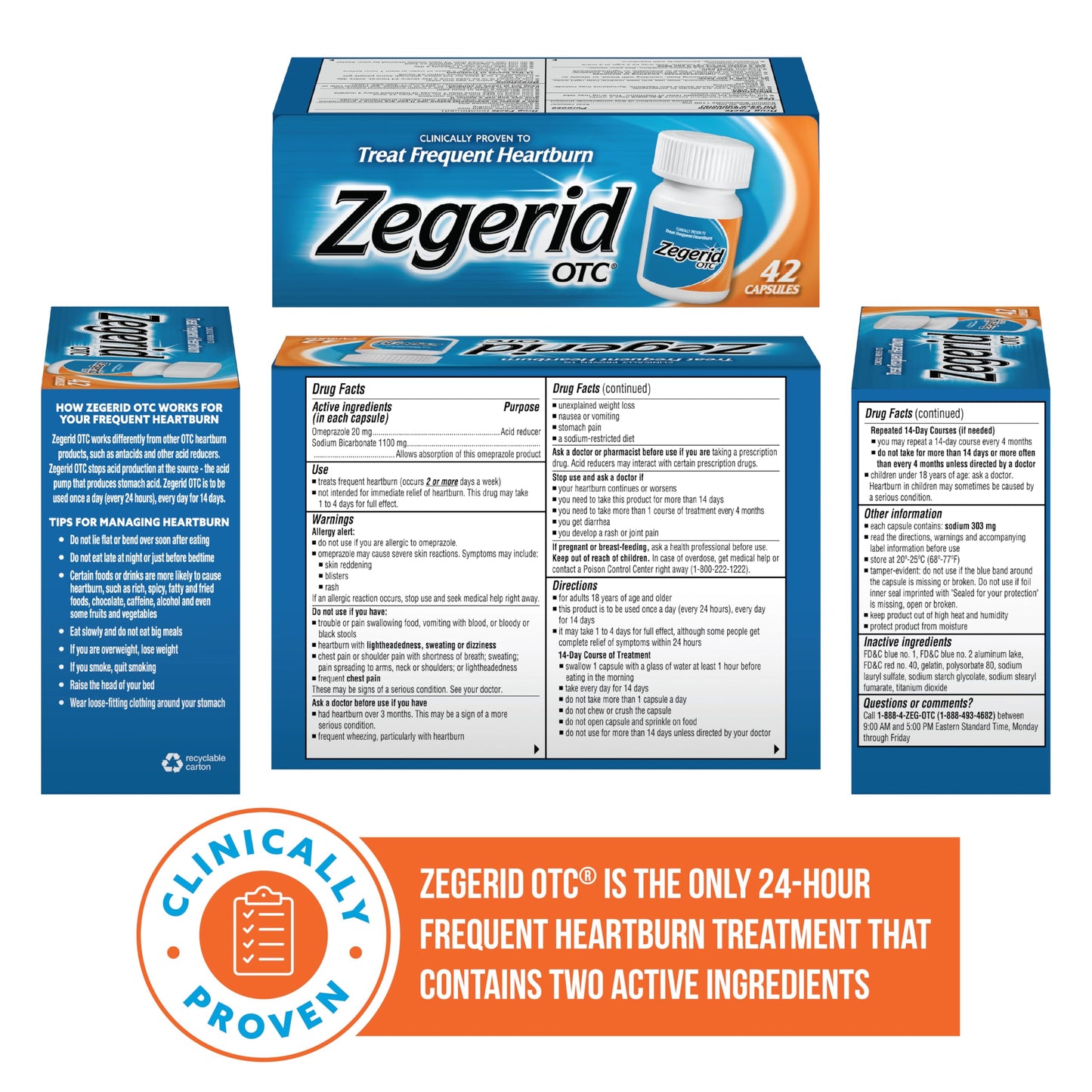 Zegerid OTC, 24-Hour Heartburn Relief, Acid Reflux Medicine and Antacid, Treats Frequent Heartburn, Omeprazole 20mg + Sodium Bicarbonate, Proton Pump Inhibitor (PPI), Two 42ct Cartons