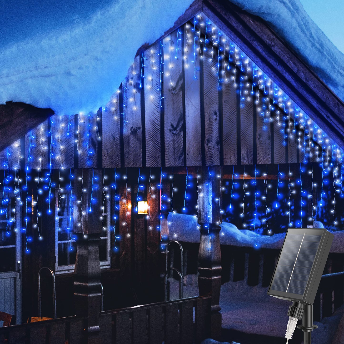 mimigogo 300 LED Solar Icicle Lights, 33ft, 8 Modes, Blue White, Remote Control for Outdoor Christmas Party Decorations