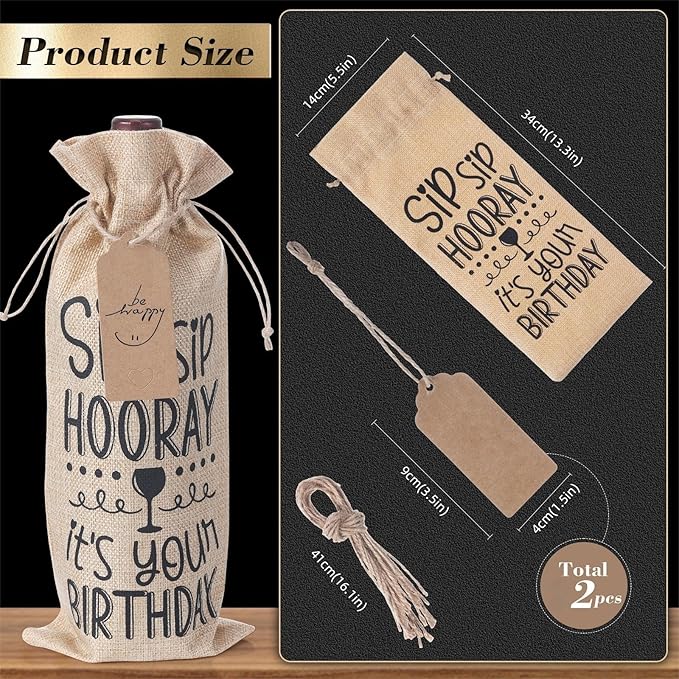 SIRIPHUM Burlap Wine Bags,2PCS Birthday Wine Bottle Gift Bags,Drawstring,Gift Tags,Bottle Cover Tabletop Birthday Party Decor (“Sip Sip Hooray”-2 Colors)