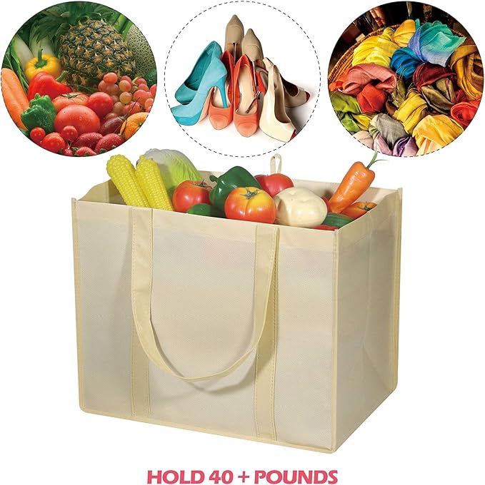 DIOMMELL 10 Pack Reusable Grocery Bags Extra Large Super Strong Heavy Duty Shopping Tote Bags with Reinforced Handles, Beige