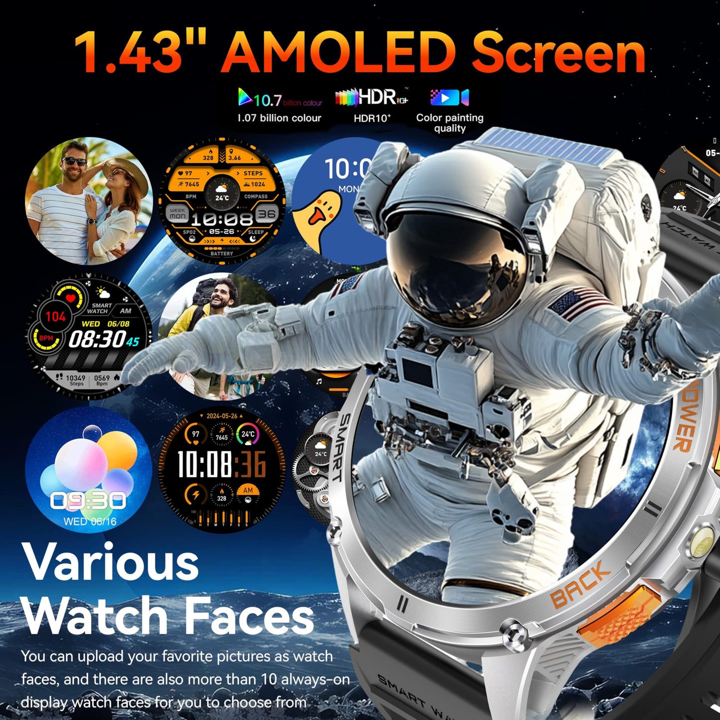 Kpep Military Smart Watches For Men With Gps, 1.43 Amoled/2 Straps/Led Flashlight/Ip68 Waterproof Smartwatch, Make/Answer Calls,