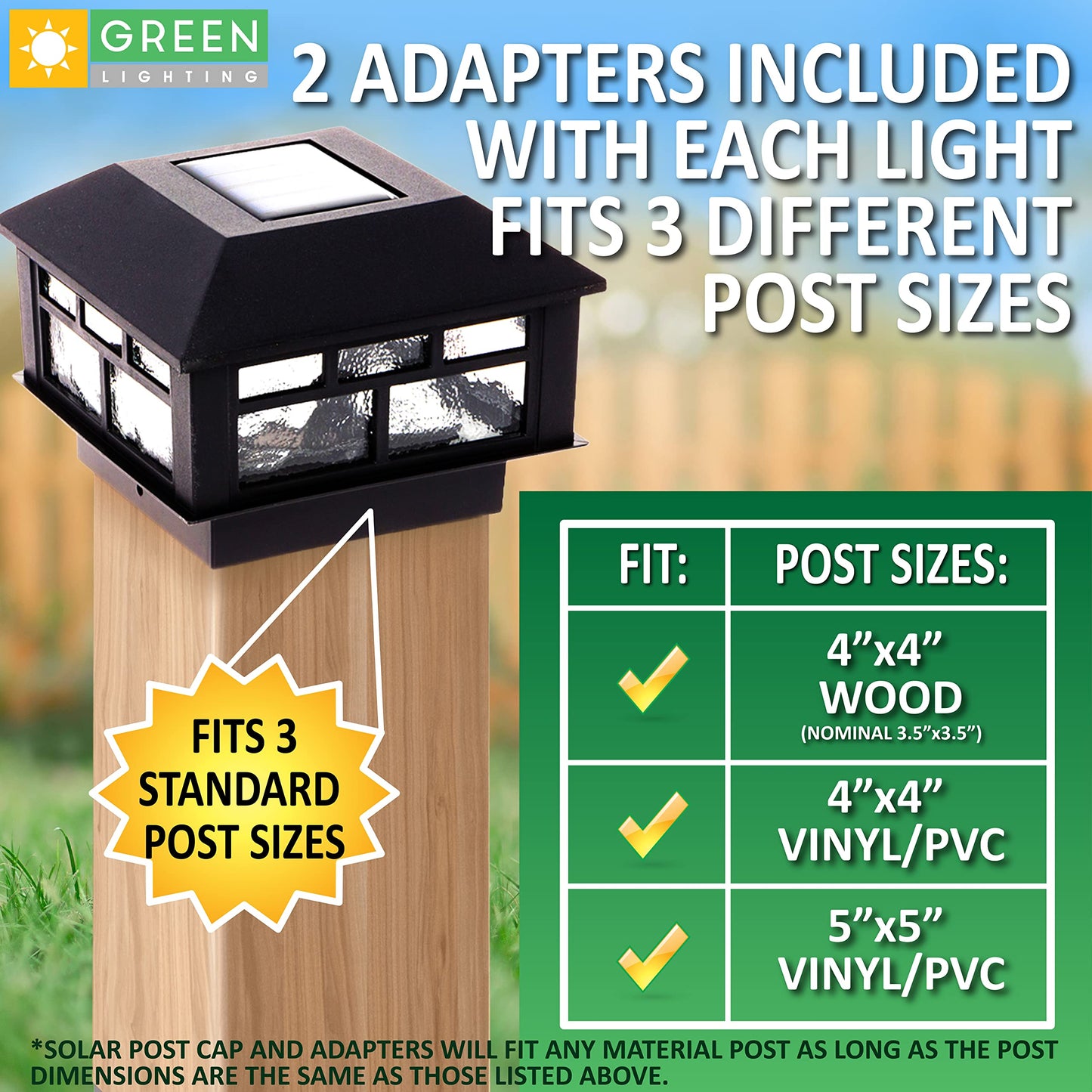 GreenLighting Solar Post Cap Lights, Waterproof Black, 4 Pack, Fits 4x4 & 5x5 PVC/Vinyl, Bright LED, Model TN-1222602