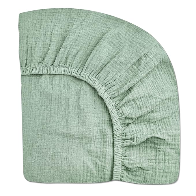 Mini Crib Sheets for Baby, Fitted Pack N Play Mattress and Mini Cribs 24" x 38", Neutral Muslin Cotton Mini Crib Mattress Sheet with Boho Style, Soft and Breathable Comfort (Sage)