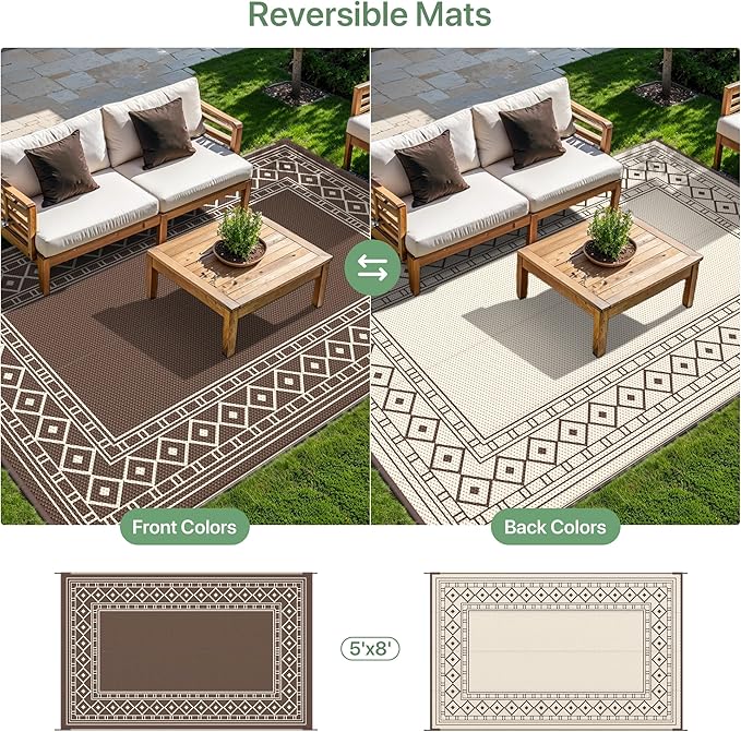 GENIMO Outdoor Rug Waterproof for Patio Decor, 5'x8' Reversible Plastic Straw Rug Carpet, Camping Mat for Outdoor, RV, Backyard, Deck, Balcony, Picnic, Beach, Coffee & Beige