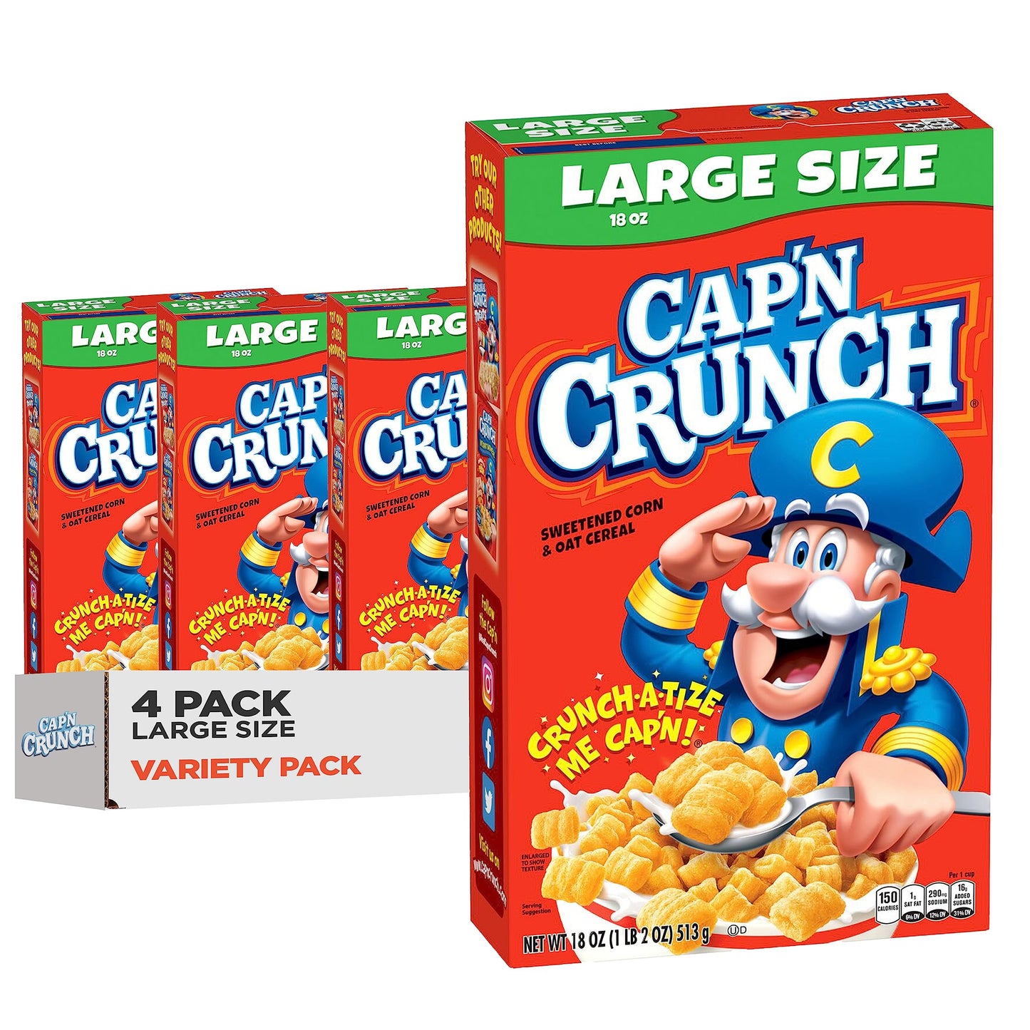Cap n Crunch Cereal, Original, 18 oz Large Size Boxes (4 Pack)