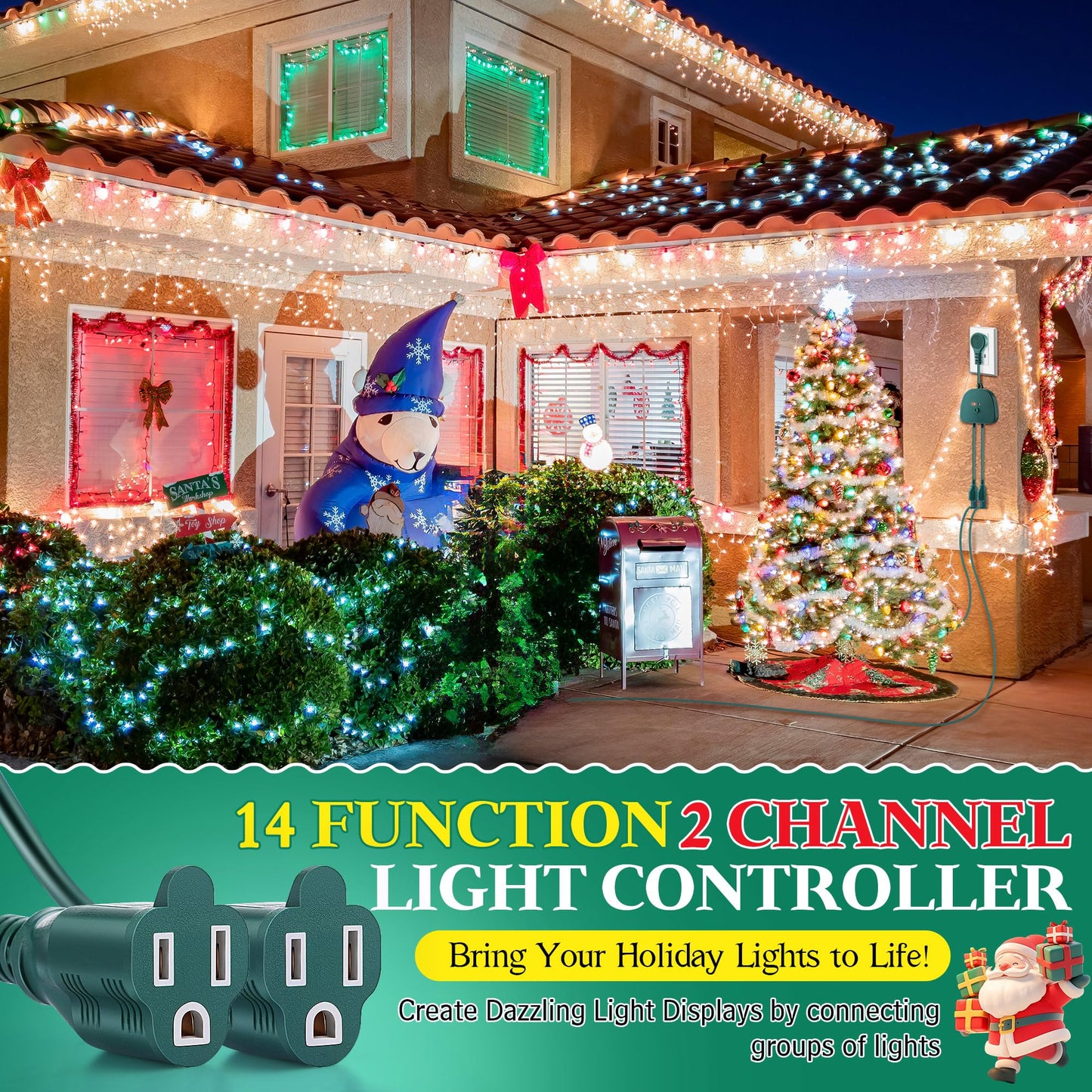 Gulfmew Christmas Light Controller With Remote  Create Dazzling Lighting Displays With Multiple Functions  Timer  Dusk To Dawn Sensor  Adjust Speed For Holiday Xmas Lights(2 Channel  14 Functions)