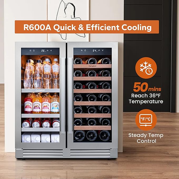 Ca'Lefort 30 Inch Wine and Beverage Refrigerator, 80 Cans 30 Bottles Dual Zone Cooler with Glass Door, 3 LED Built-in Compressor Fridge with Adjustable Shelves for Home Office Bar (6.0 cu.ft)