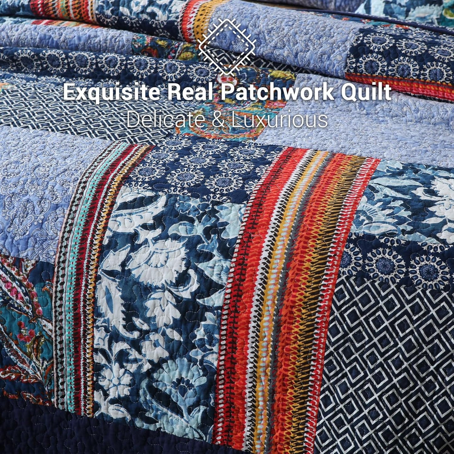 Yvooxny King Quilt Set Reversible Lightweight Bohemian Paisley Patchwork Cotton Quilted Bedspread Coverlet Set 3-Piece Bedding Set with Pillowcases for All Seasons, King Size, 108 * 96 Inches