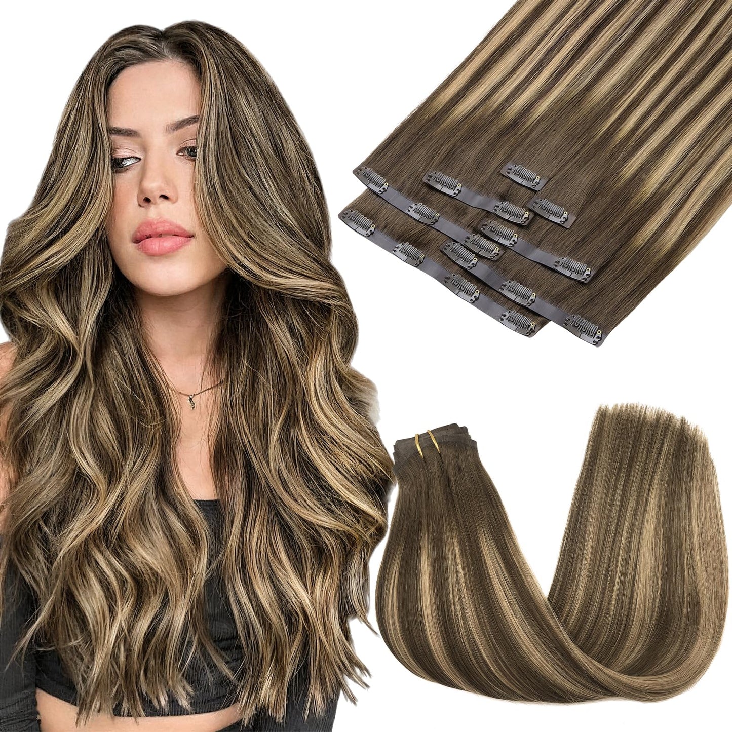 MAXITA Clip in Hair Extensions Real Human Hair, 7pcs 150g Balayage Chocolate Brown to Caramel Blonde 20 Inch, Seamless Hair Exte
