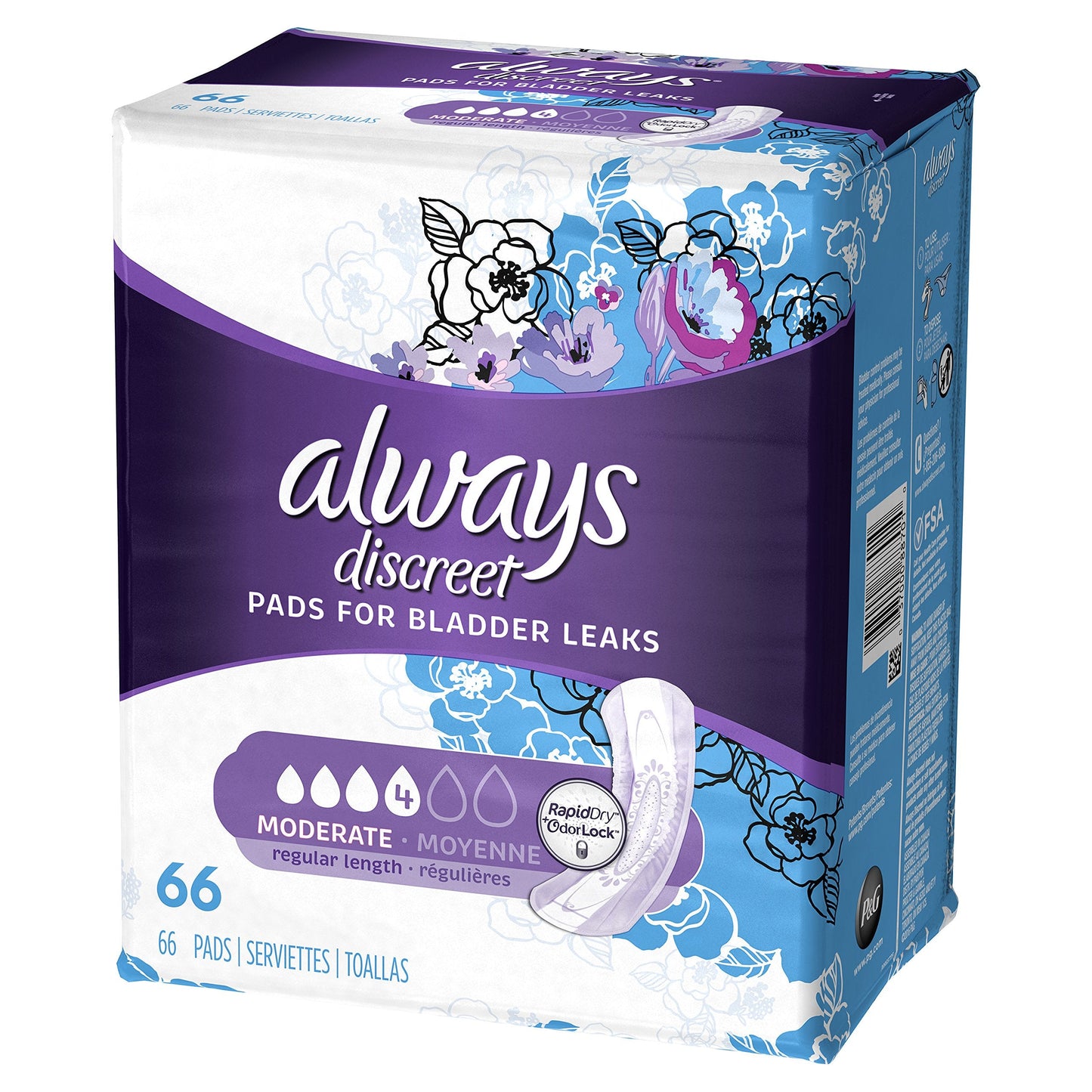 Always Discreet Incontinence Pads for Women, Moderate Absorbency, 66 Count