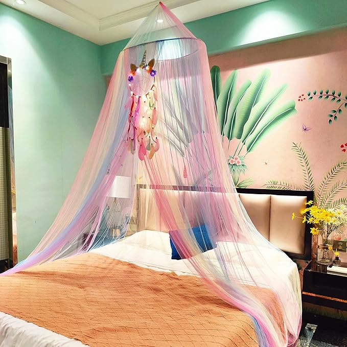 Eimilaly Princess Rainbow Bed Canopy with Unicorn Dream Catcher | Lights, Bed Canopy for Girls Room Decor or Unicorn Theme Party