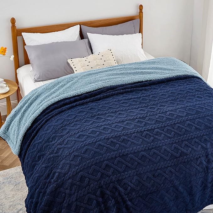 Bedsure Sherpa King Size Blanket for Bed- GentleSoft Fleece Fluffy & Cozy Cable Jacquard Tufted for Women Gift, Thick and Warm Blankets for Winter, Navy, 108x90 Inches