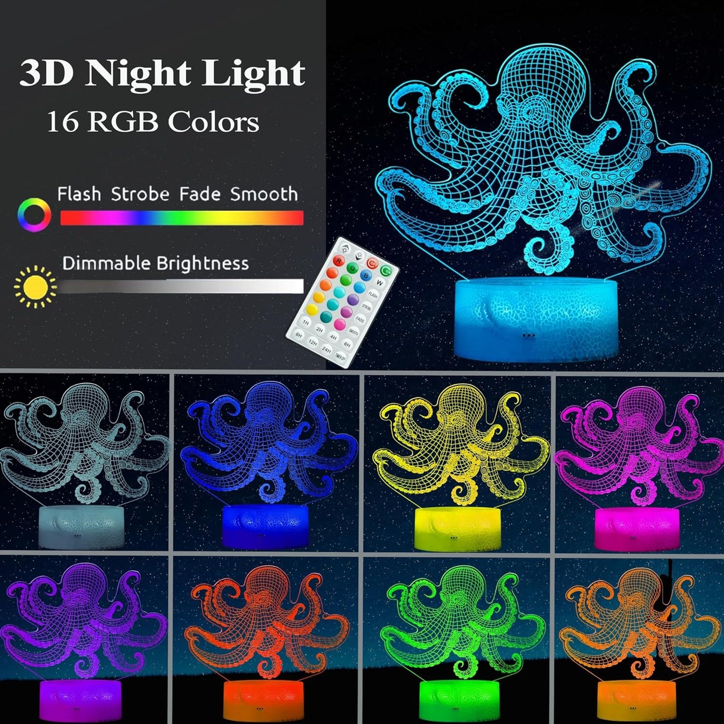 Octopus Night Light, 3D Illusion Night Light Lamp, Octopus Stuff with 16 Colors Changing, Timer, 4 Flash Modes and Dimmable, Kids Room Decoration, Xmas Gifts