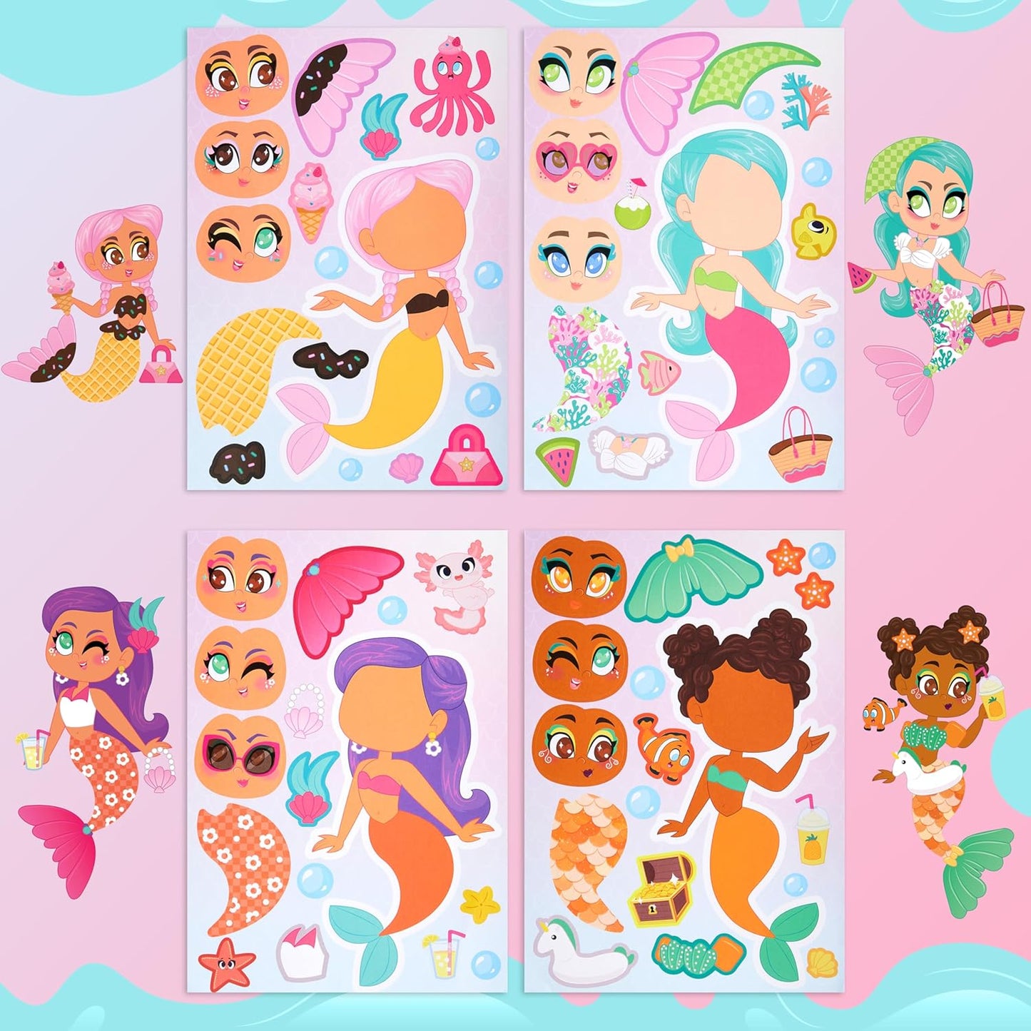 JOYIN 36 Pcs 9"x6" Mermaid Make a face Stickers for Kids, Make Your Own Mermaid Sticker Sheets, Party Favors Kids Crafts, Goodie Bags Stuffers, Classroom Rewards