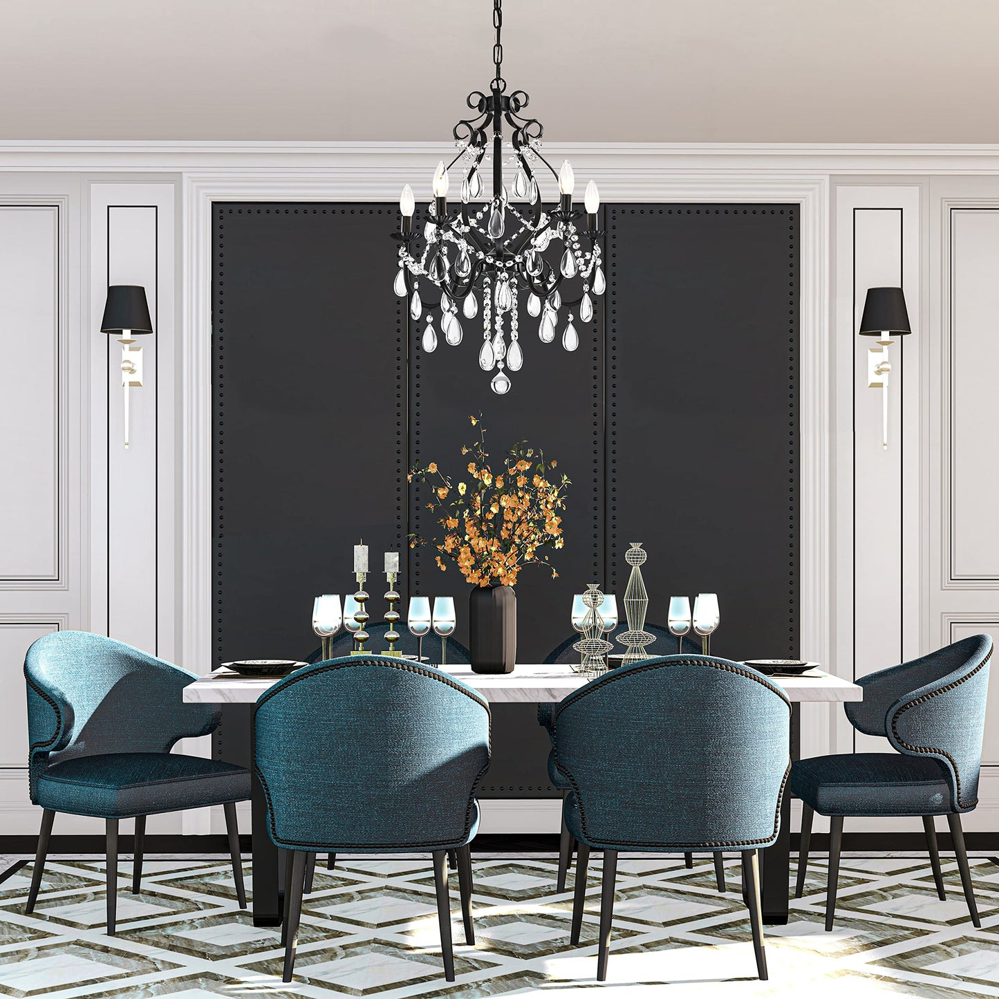 Edvivi Amorette Crystal Chandelier 5 Lights, Black Metal, Teardrop Crystals, Adjustable Ceiling Light For Foyer, Dining Room, Bedroom