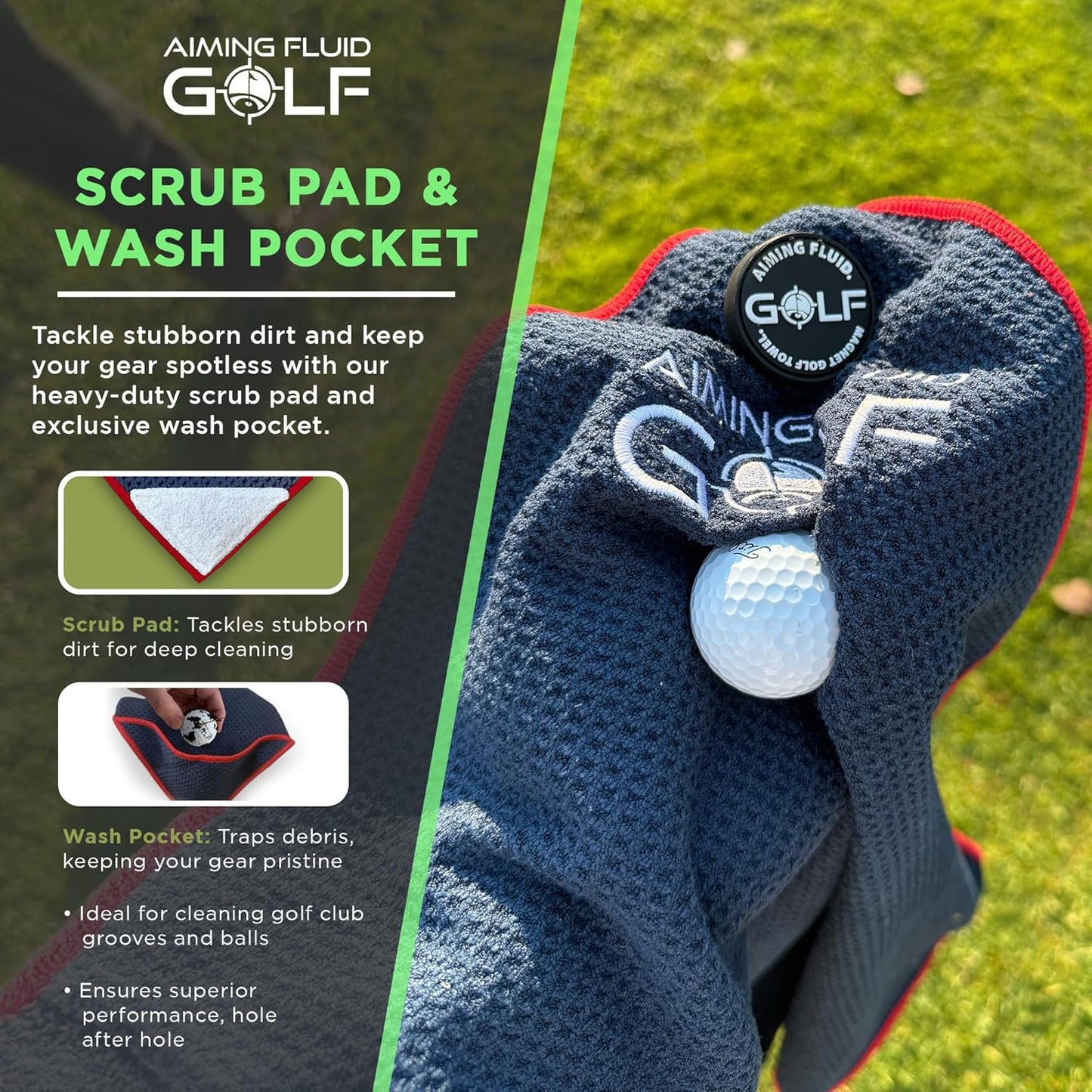Multi-Function Magnetic Golf Towel I Wash Pocket I Magna-Anchor Technology I Waffle Pattern I Scrub Pad I (16" x 24" Blue Magnet) (Augusta, 16" x 24" Stubby)