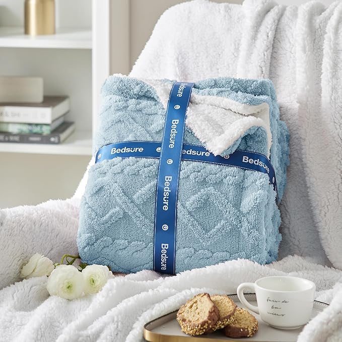Bedsure Sherpa Fleece Blanket Twin Size for Bed - GentleSoft Fluffy & Cozy Cable Jacquard Tufted for Women Gift, Thick and Warm Blankets for Winter, Blue, 60x80 Inches