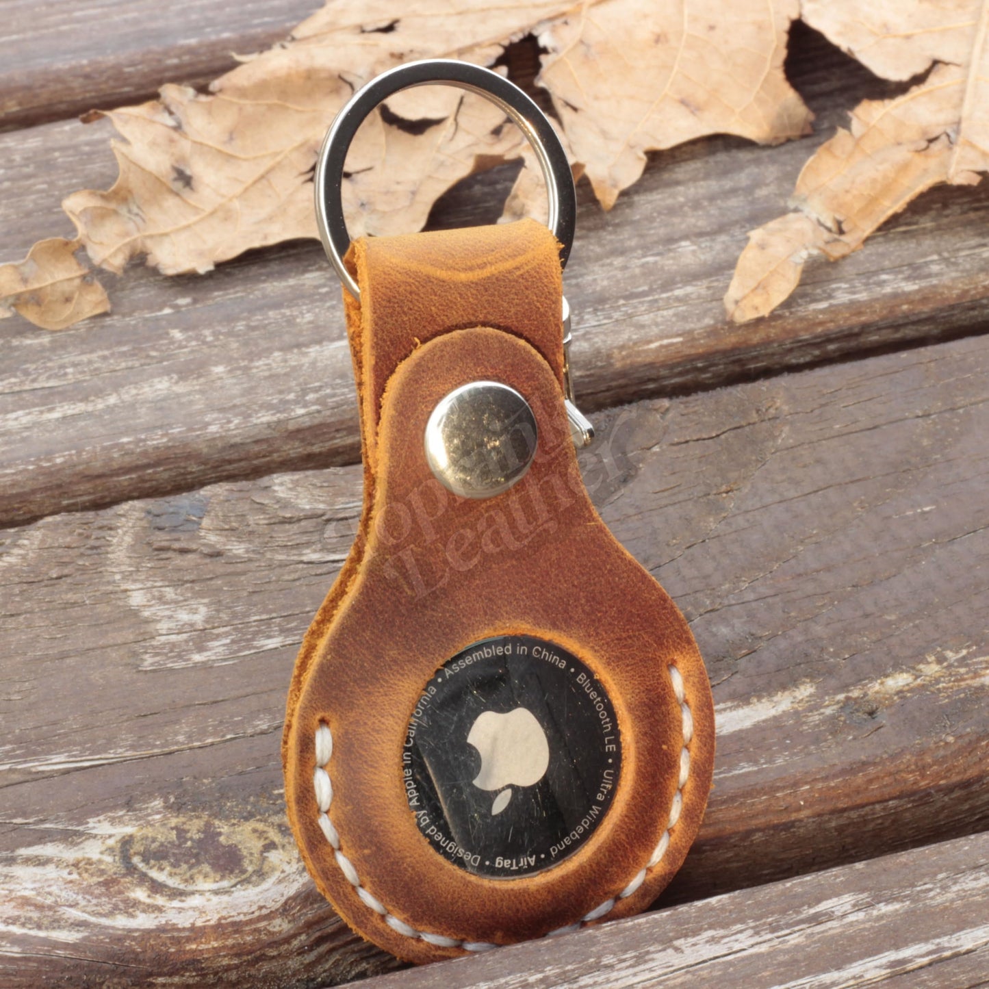 Toprank Leather Keychain Holder For Airtag - Handmade Genuine Crazy Horse Leather Case (Camel)